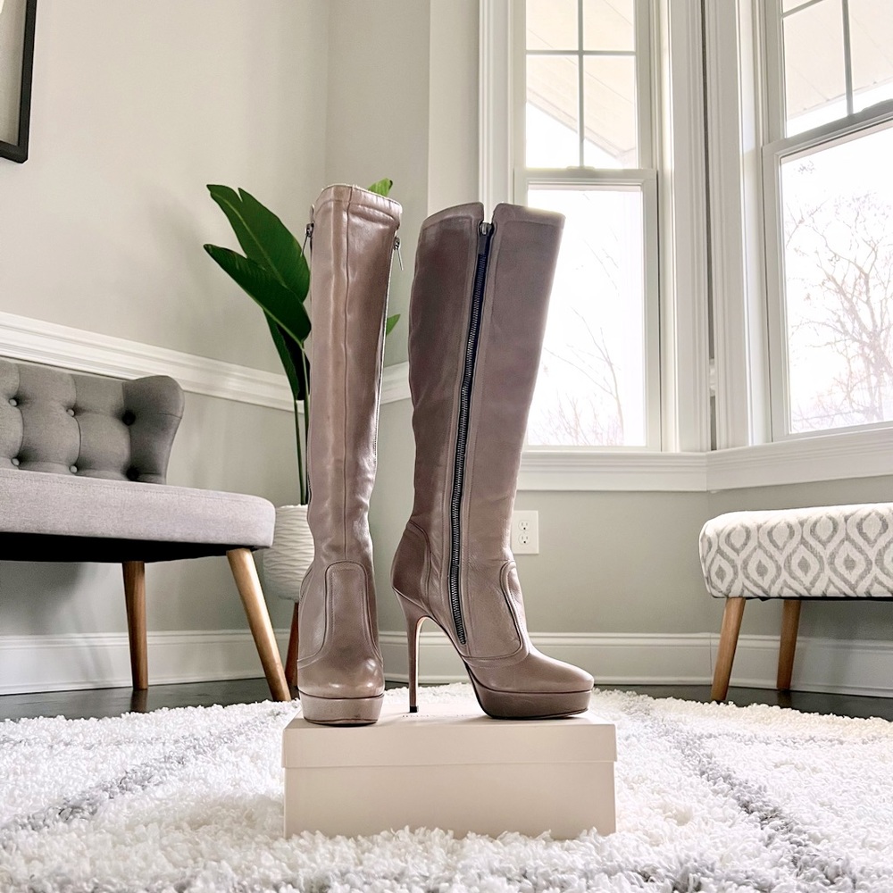 JIMMY CHOO Haze 120 Knee High Semi Pointed Toe Boots in Taupe Grey Leather 37 💕